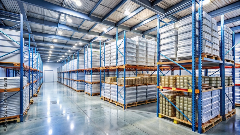 Modern industrial freezer storage facility with rows of metal shelving units and pallets of frozen goods stored at below-zero temperatures in a chilled environment.