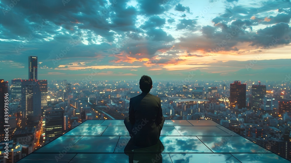 Corporate Executive Reflecting on City Skyline at Sunset Corporate Executive Reflecting on City Skyline at Sunset