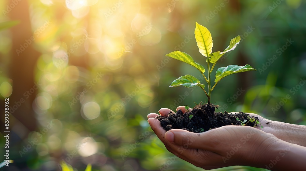Hand holding young plant on blur green nature background. concept eco ...