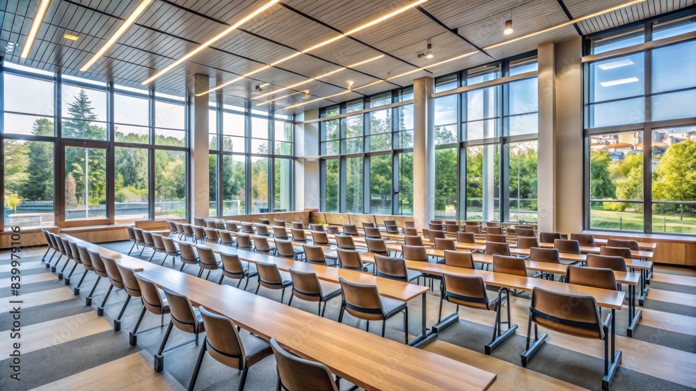 A vacant lecture hall with neatly arranged chairs and tables, surrounded by large windows allowing natural light to pour in, creating an atmosphere of anticipation. A vacant lecture hall with neatly arranged chairs and tables, surrounded by large windows allowing natural light to pour in, creating an atmosphere of anticipation.