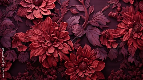 Luxurious brocade textures in flat illustrations with rich colors and intricate patterns, in high definition quality.