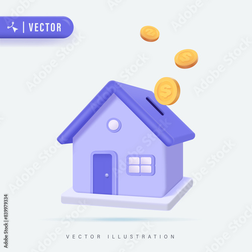 property concept of financial, money saving investment. 3d coins and a tiny house bank on background