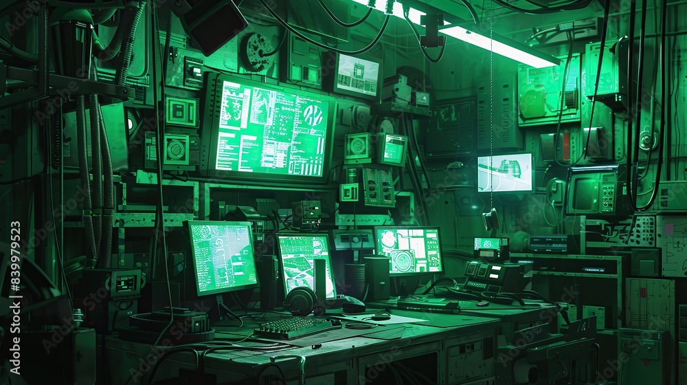 Fototapeta premium Interior of an industrial space station, computer screens and tools, in the style of cyberpunk, greenish light, gritty. copy space for text.
