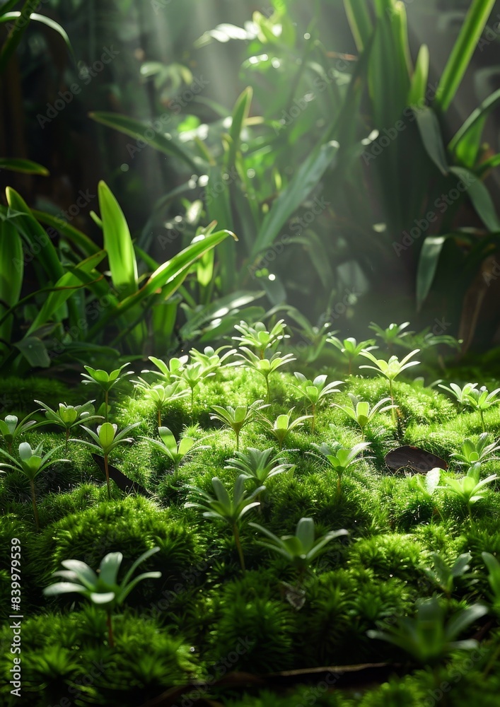 The forest floor is rich with moss and small plants, highlighted by soft sunlight filtering through the trees, creating a tranquil scene. The forest floor is rich with moss and small plants, highlighted by soft sunlight filtering through the trees, creating a tranquil scene.