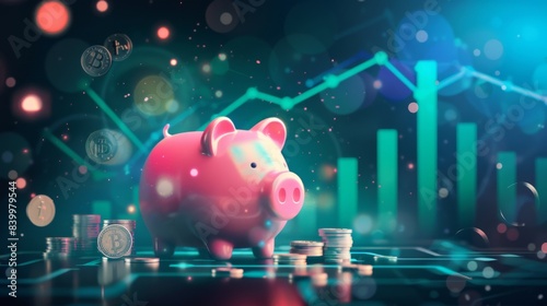 A detailed piggy bank with overflowing coins and an increasing green graph in the background, front view, symbolizing investment success, technology tone, colored pastel