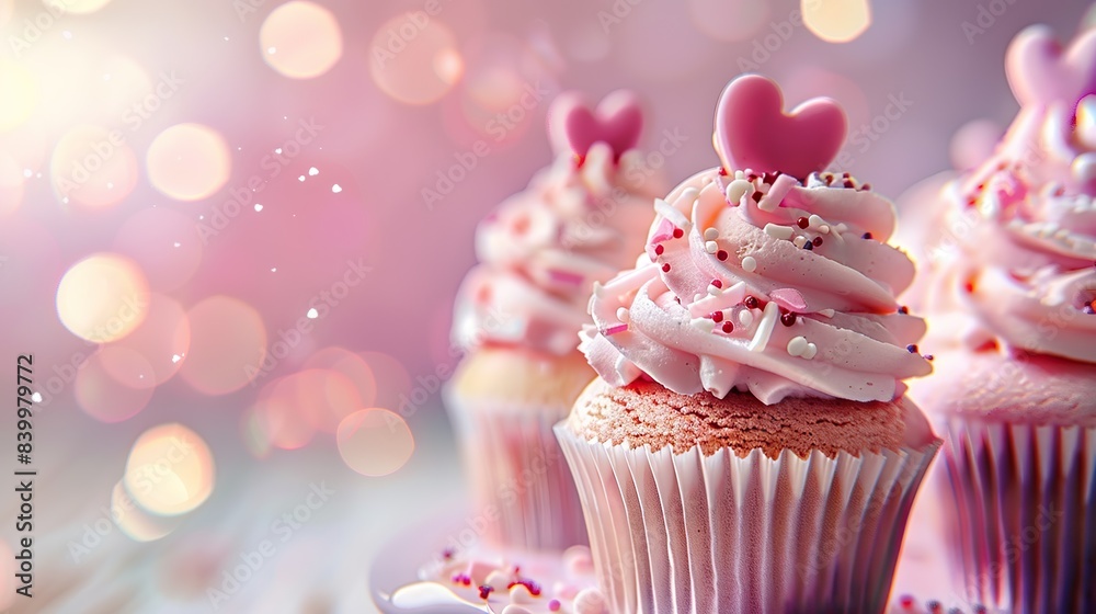 Pink Cupcakes with Love Heart Decorations. Delicious Valentine Day Background. copy space for text. Pink Cupcakes with Love Heart Decorations. Delicious Valentine Day Background. copy space for text.