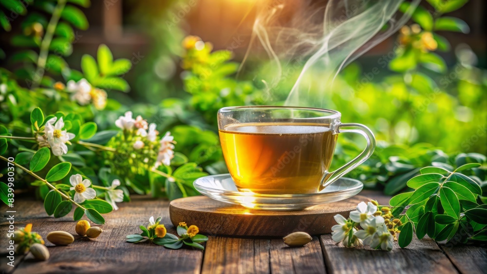 Soothing morning scene featuring a steaming cup of moringa herbal tea surrounded by fresh green leaves and vibrant flowers on a rustic wooden table. Soothing morning scene featuring a steaming cup of moringa herbal tea surrounded by fresh green leaves and vibrant flowers on a rustic wooden table.