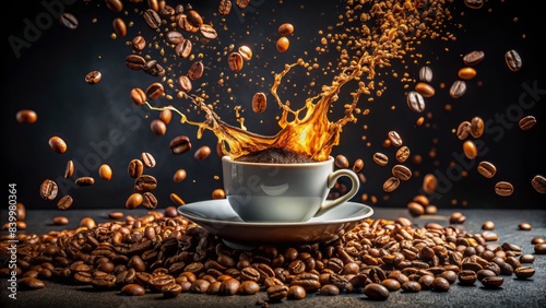 Dramatic splashing cup of hot coffee on black background surrounded by scattered coffee beans flying in mid-air, capturing the energizing essence of morning coffee rituals. photo