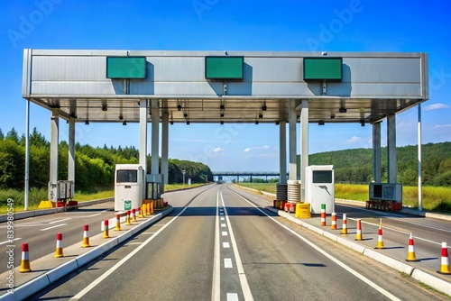 empty toll booth with blank sign board on highway road