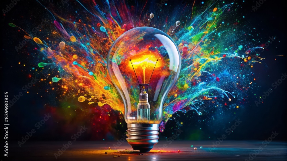 Vibrant splatters of oil paint mix form a radiant lightbulb, symbolizing innovative thinking and artistic expression, against a dark background, evoking imagination and creativity. Vibrant splatters of oil paint mix form a radiant lightbulb, symbolizing innovative thinking and artistic expression, against a dark background, evoking imagination and creativity.