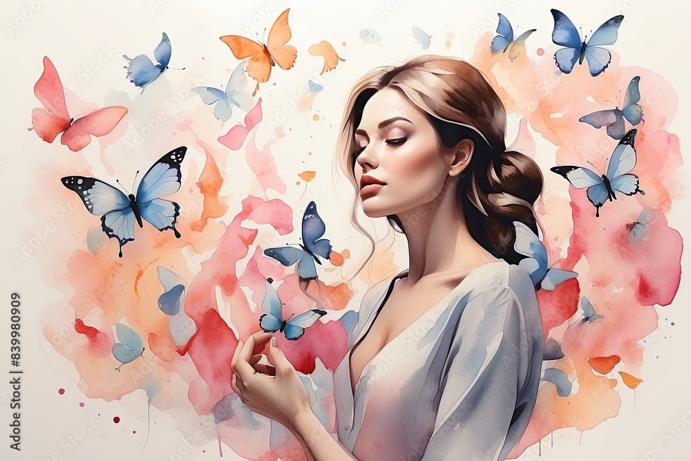 Fototapeta premium The watercolor silhouette of Caucasian woman with butterflies in her hair is summer portrait. Freedom, femininity, wedding, makeup, stylist, Barber, bride. 