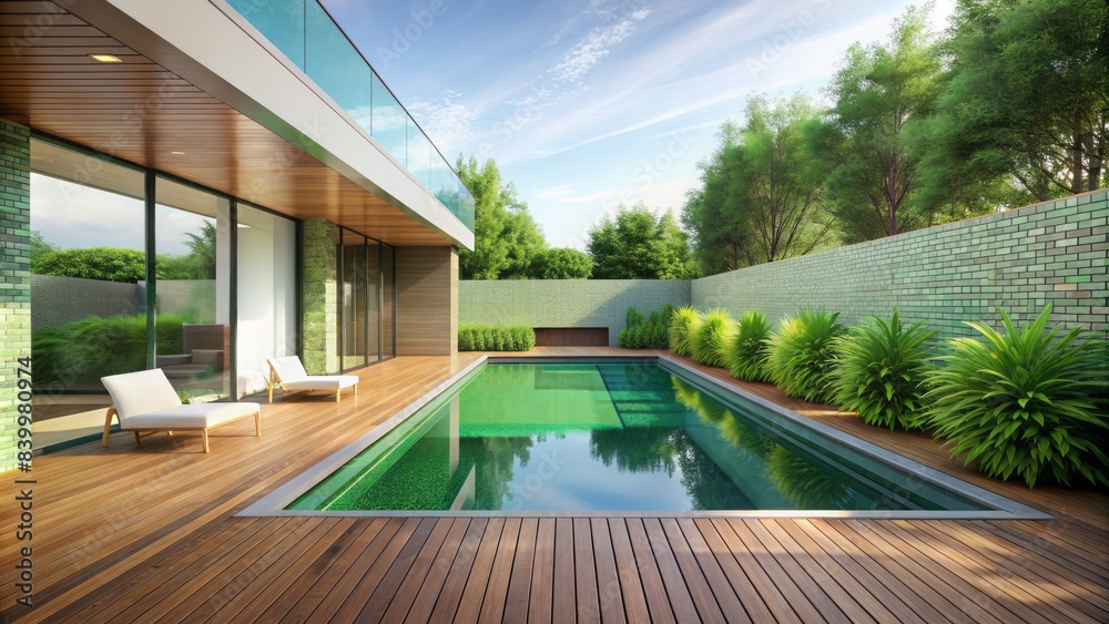 Fototapeta premium Sleek contemporary pool terrace with wooden flooring, green tile accents, and empty white wall, seamlessly blending into the lush surrounding natural landscape atmosphere.