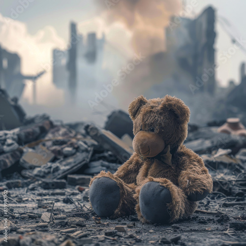 teddy bear in a war-torn city
 photo