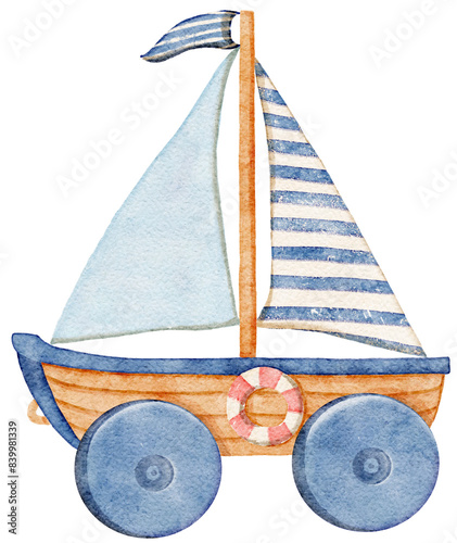 Watercolor Sailboat shaped wooden toy photo