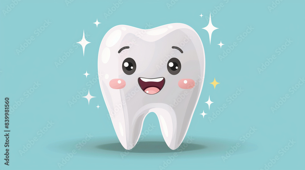 White tooth, cute cartoon character design, smiling face, light blue background with shining stars, vector illustration style, flat style, simple lines and shapes, high resolution, high detail, 3D White tooth, cute cartoon character design, smiling face, light blue background with shining stars, vector illustration style, flat style, simple lines and shapes, high resolution, high detail, 3D