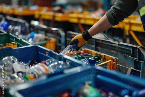 A worker's arm, clad in a green sleeve and yellow glove, places a plastic bottle into a blue sorting crate in a recycling facility.