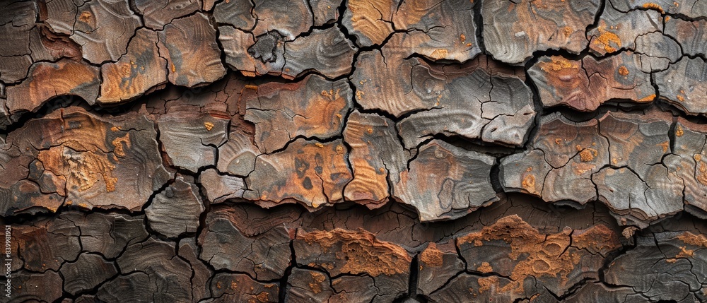 The bark of a tree is rough and has many cracks. The bark is brown and has a weathered appearance The bark of a tree is rough and has many cracks. The bark is brown and has a weathered appearance