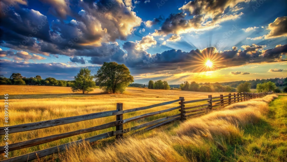 Rustic landscape of sun-kissed hay field in rural countryside, with old wooden fence and cloudy blue sky, evoking a sense of serenity and simplicity.