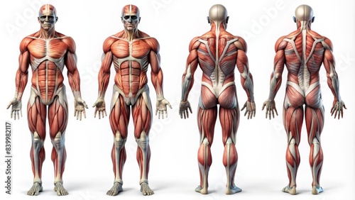 Anatomical illustration showcasing four views of the human body, highlighting muscular structure from back, front, left, and right sides, in detailed, labeled, grayscale diagrams. photo