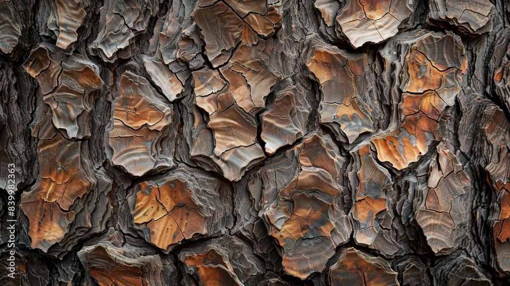 The bark of a tree is rough and has many cracks. The bark is brown and has a weathered appearance The bark of a tree is rough and has many cracks. The bark is brown and has a weathered appearance
