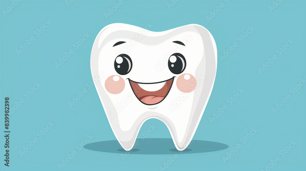 White tooth, cute cartoon character design, smiling face, light blue background with shining stars, vector illustration style, flat style, simple lines and shapes, high resolution, high detail, 3D White tooth, cute cartoon character design, smiling face, light blue background with shining stars, vector illustration style, flat style, simple lines and shapes, high resolution, high detail, 3D