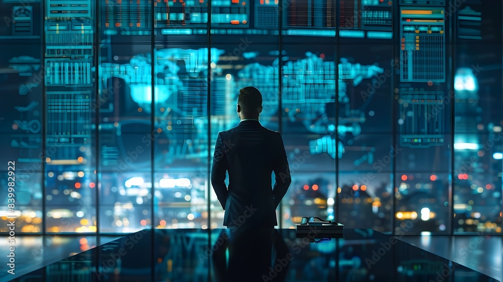 Silhouetted Business Leader Planning Company s Strategic Future with Data and Team Silhouetted Business Leader Planning Company s Strategic Future with Data and Team
