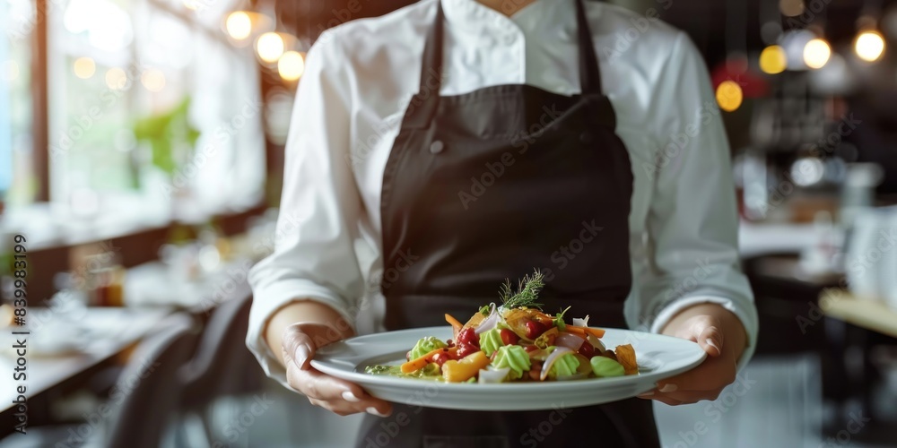 Close-up of a Caucasian female waitress presenting a fresh salad on a tray in a modern restaurant environment. Close-up of a Caucasian female waitress presenting a fresh salad on a tray in a modern restaurant environment.