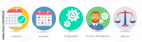 A set of 5 business icons as calendar, schedule, configuration