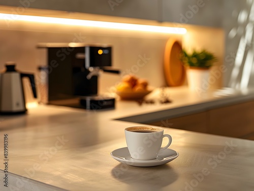 Espresso in Classic Cup on Sleek Modern Countertop with Coffee Machine Backdrop