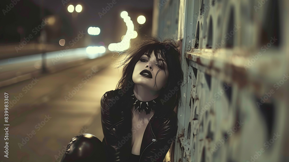 Portrait of a brunette Goth punk style inspired woman, fashion and make-up shoot. Gothic, Goth, Emo, New Wave, Punk, Dark style fashion. Dark smokey make-up, red lipstick. Dramatic. Elegant. Portrait of a brunette Goth punk style inspired woman, fashion and make-up shoot. Gothic, Goth, Emo, New Wave, Punk, Dark style fashion. Dark smokey make-up, red lipstick. Dramatic. Elegant.