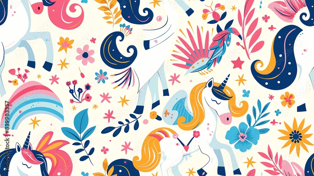 Fototapeta premium seamless pattern retro Whimsical unicorns and rainbows