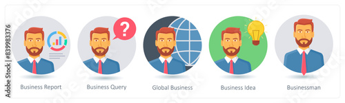 A set of 5 business icons as business report, business query, global business