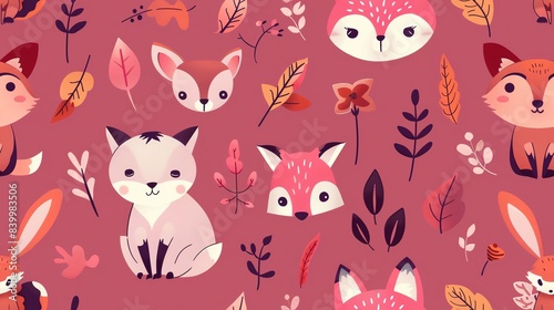 seamless pattern seasonal colors Cute animals in the forest