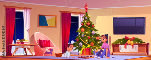 Two teen kids play chess on floor in modern cozy living room with Christmas tree, New Year home decoration, gift boxes. Cartoon vector teenage girl and boy spending time together on noel holiday eve.