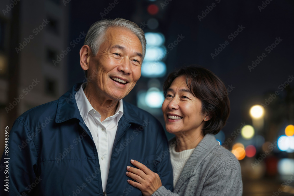 Portrait of happy Asian pensioner couple of older people are smiling and hugging each other against night city background Portrait of happy Asian pensioner couple of older people are smiling and hugging each other against night city background