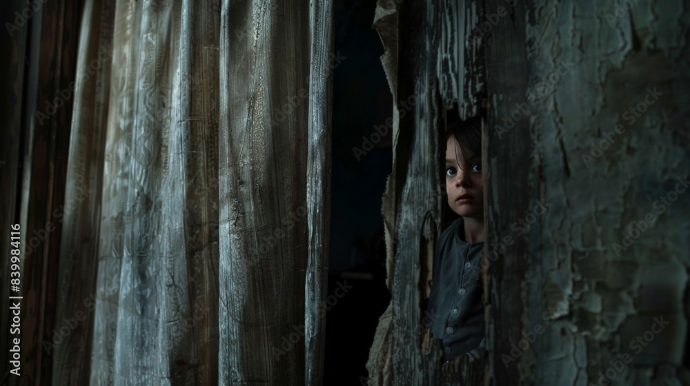 A ghostly child peeks out from behind an old, tattered curtain in a dimly lit room, creating a chilling and eerie atmosphere.