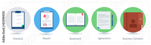 A set of 5 business icons as checklist, report, bookmark