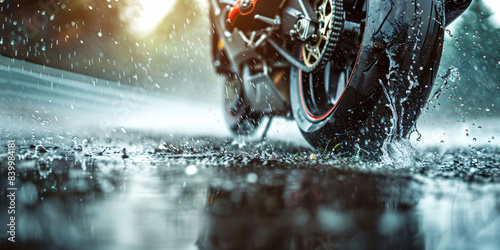 A motorcycle is in the rain, with water splashing up from the ground. Concept of adventure and excitement, as the rider braves the wet conditions