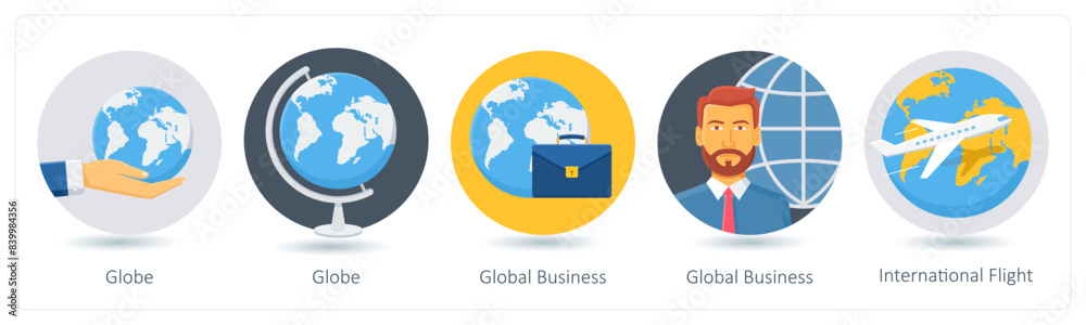 A set of 5 business icons as globe, global business, international flight A set of 5 business icons as globe, global business, international flight