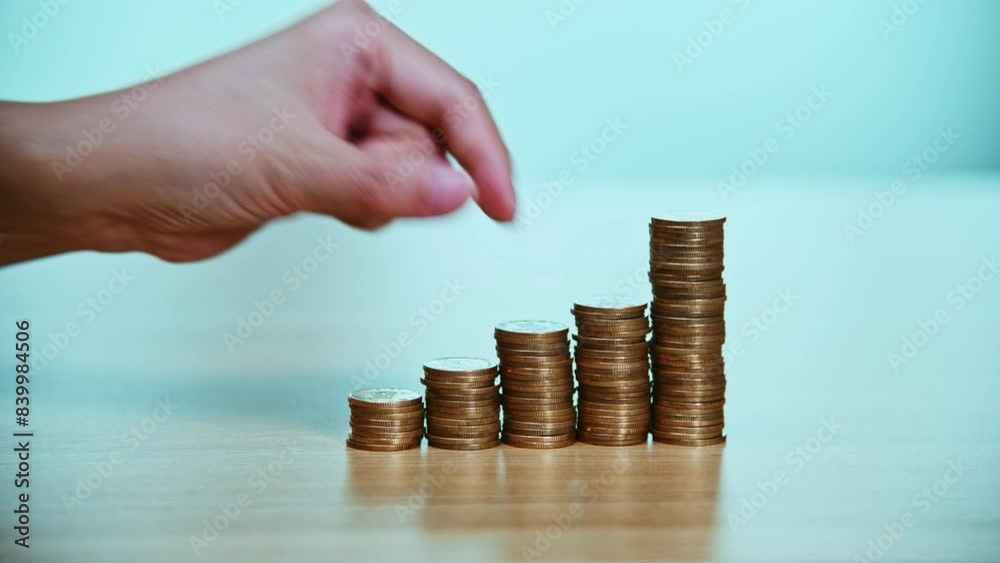 Hand putting coins on stack of currency