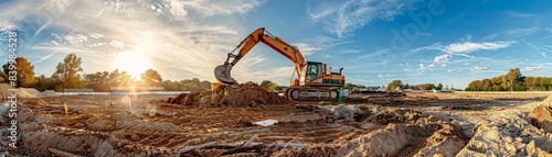 A yellow construction machine is digging into the dirt. The sky is blue and there are clouds in the background