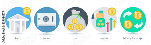 A set of 5 business icons as bank, locker, loan