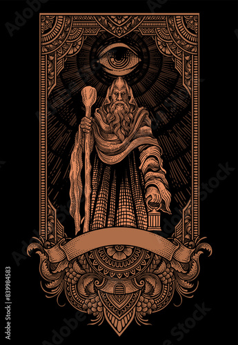 Illustration elder wizard with engraving ornament frame - Vector illustration