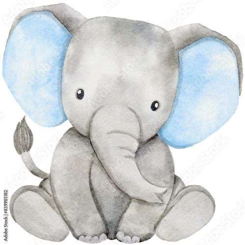 Watercolor Elephant Sitting for Baby Boy