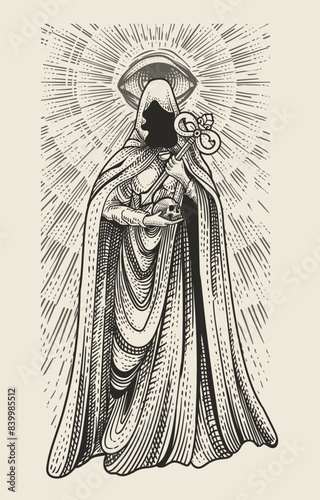 Illustration witch holding skull with engraving hand drawn style - Vector Eps 10
