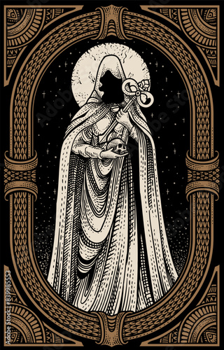 Illustration witch holding skull on engraving ornament frame - Vector Eps 10