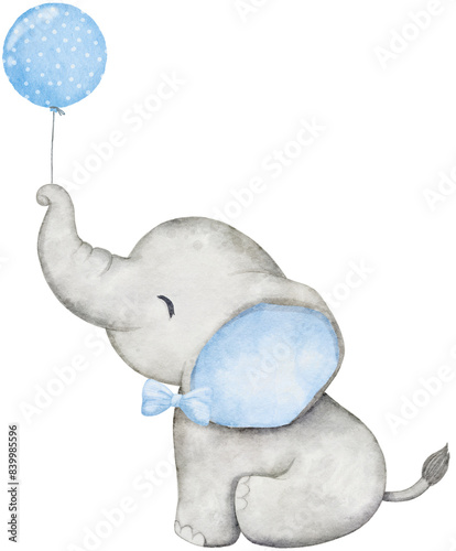 Foto Watercolor baby elephant holding balloon