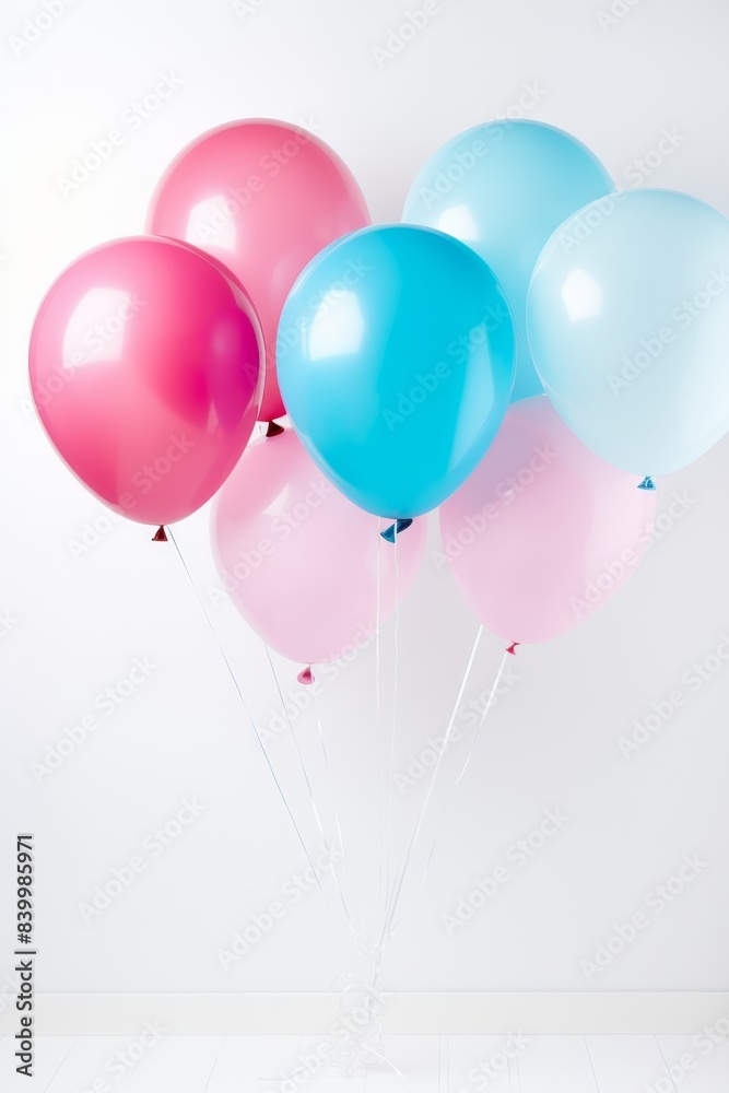 A bunch of balloons in pink, blue, and white. The balloons are floating in the air and are scattered all over the image. The balloons create a festive and joyful atmosphere A bunch of balloons in pink, blue, and white. The balloons are floating in the air and are scattered all over the image. The balloons create a festive and joyful atmosphere