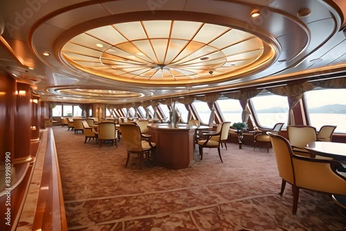 Luxury Cruise Ship Interior, Luxurious Ocean Liner Deck, Cabins Interior Design, Upholstered Furniture, Portholes, Sea View, Generative AI Illustration
