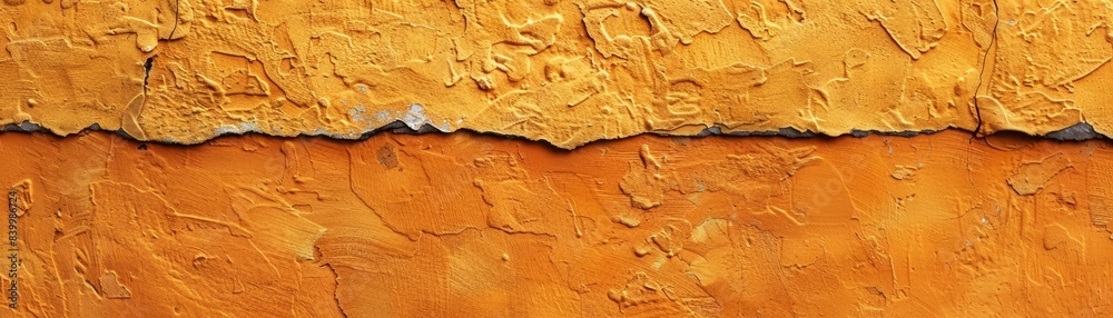 Naklejka premium The orange wall has a rough, peeling texture. The orange paint is chipping away, revealing the underlying surface. The wall appears to be in a state of disrepair